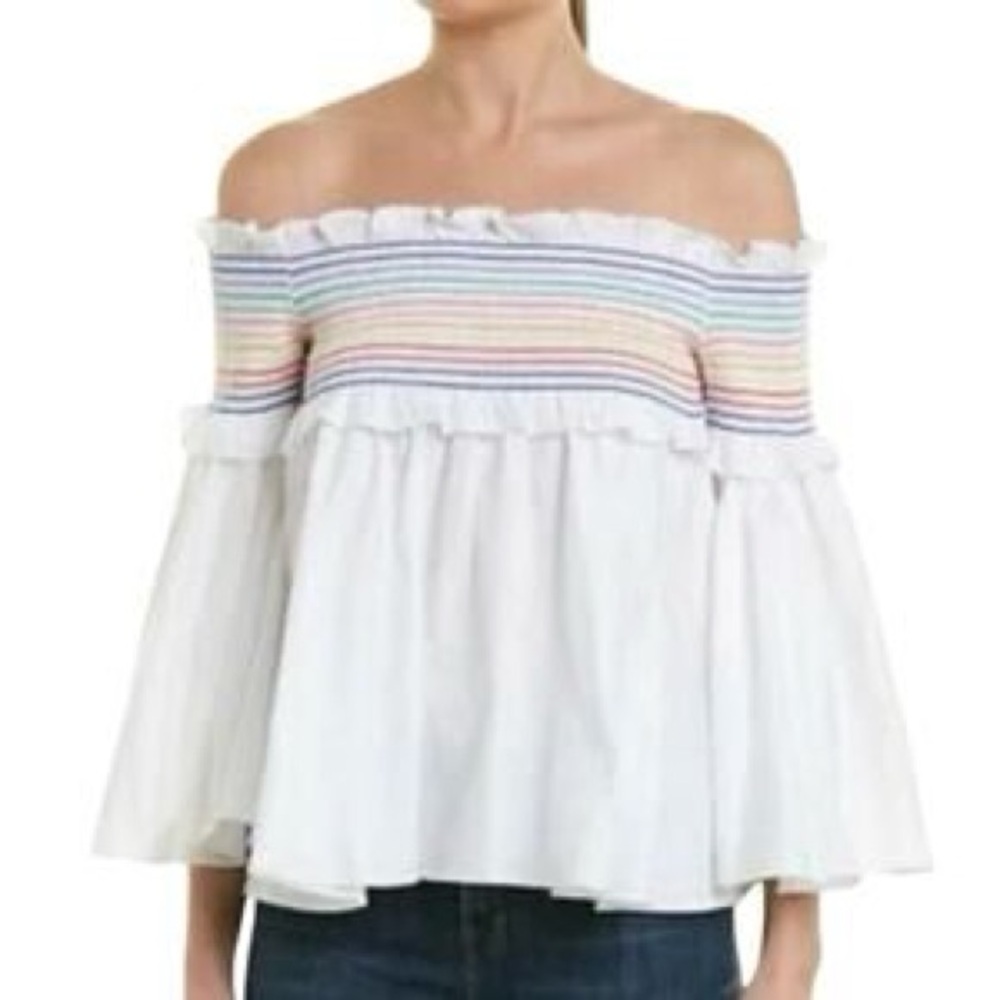 Greyson White Smocked Off Shoulder Puff Sleeve Blouse Rainbow Stripes EUC SIZE S